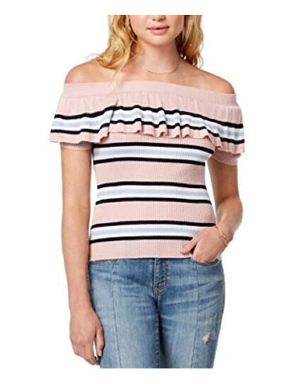 Hooked Up by IOT Juniors Striped Off-The-Shoulder Flounce Sweater Size M